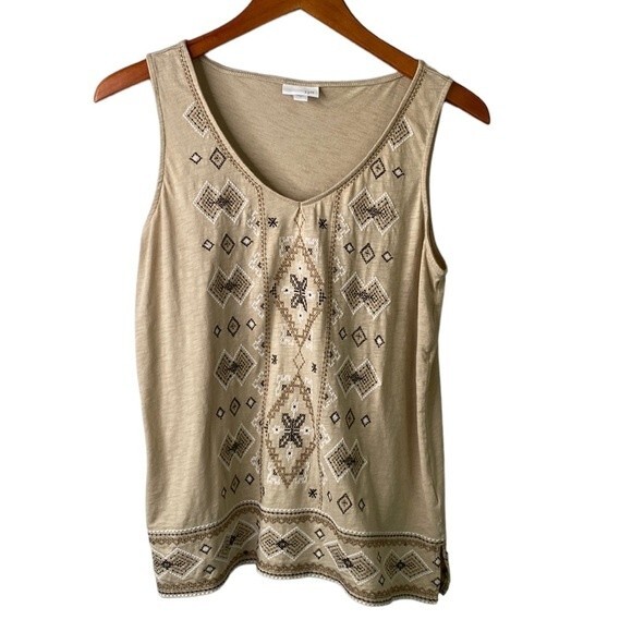J Jill Aztec Geometrical Embroidered V-Neck Slub Cotton Sleeveless Tank Top Soft - Picture 1 of 14